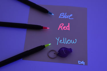 DirectGlow 12 Invisible Ink Markers & 4 UV LED Lights UltraViolet Blacklight Pens Blue Red Yellow Assorted
